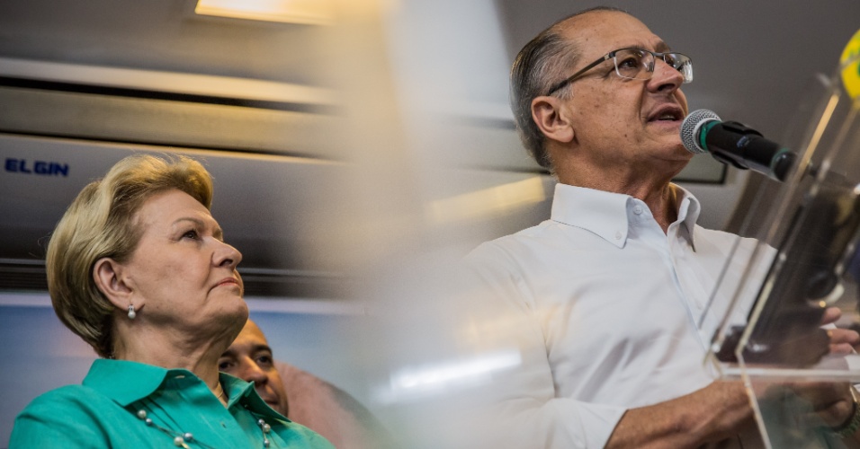 Derrotado na eleição presidencial, Geraldo Alckmin (PSDB) discursa ao lado de sua candidata a vice, Ana Amélia (PP)