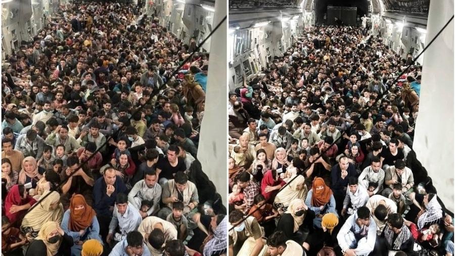 O comando militar aéreo dos EUA explicou que a estimativa inicial de 640 afegãos que fugiam sentados no chão duro do gigante C-17 Globemaster III - Reprodução/Instagram