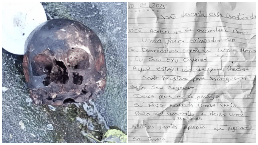 Junto ao crânio, a polícia encontrou uma carta, assinada com o nome de "Sr. Caveira" Junto ao crânio, a polícia encontrou uma carta, assinada com o nome de "Sr. Caveira"