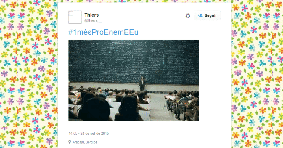 A apenas 30 dias para o Enem (Exame Nacional do Ensino Médio) 2015, a hashtag #1mêsProEnemEEu está no primeiro lugar nos assuntos mais comentados do Twitter no Brasil