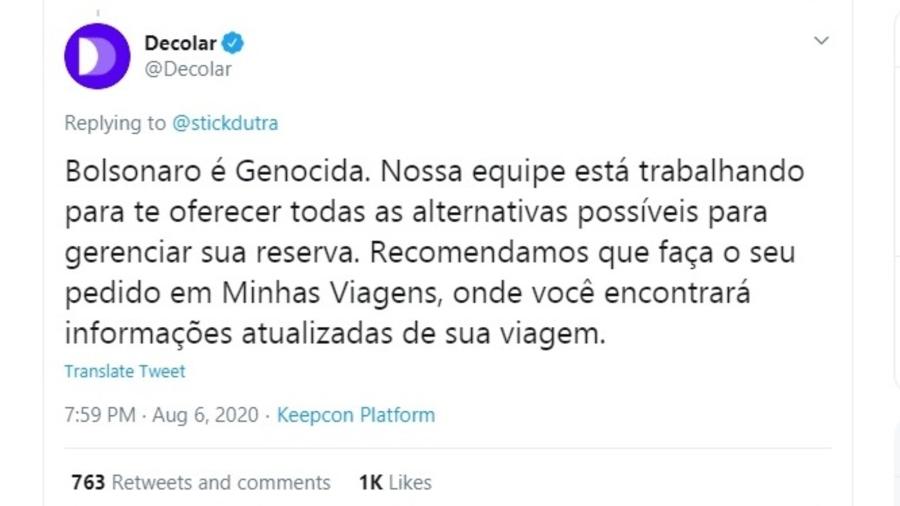 Resposta automática da Decolar no Twitter acabou fazendo crítica ao presidente Jair Bolsonaro - Reprodução