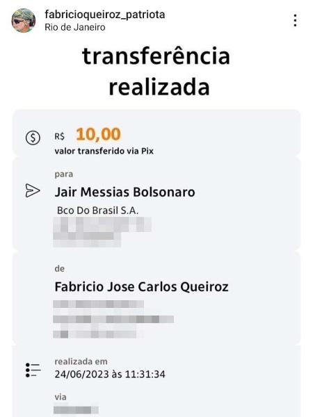 Fabrício Queiroz postou transferência via Pix de R$ 10 para o ex-presidente Jair Bolsonaro - Reprodução da internet