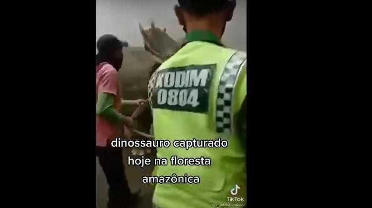 12.dez.2023 - Inscrição "Kodim 0804" nos uniformes dos homens que seguram suposto animal mostra que vídeo não foi feito no Brasil