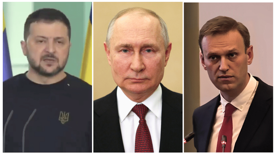 Zelensky (à esquerda) acusou Putin pela morte de seu opositor, Alexey Navalny (à direita) em uma prisão russa