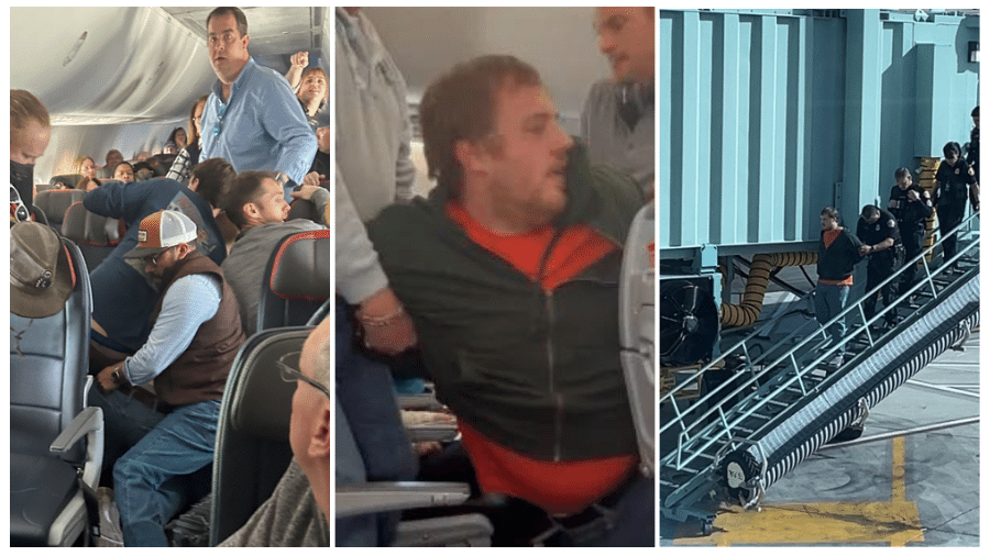 Foram necessários cinco homens para conter o passageiro que se agarrou à maçaneta da porta do avião