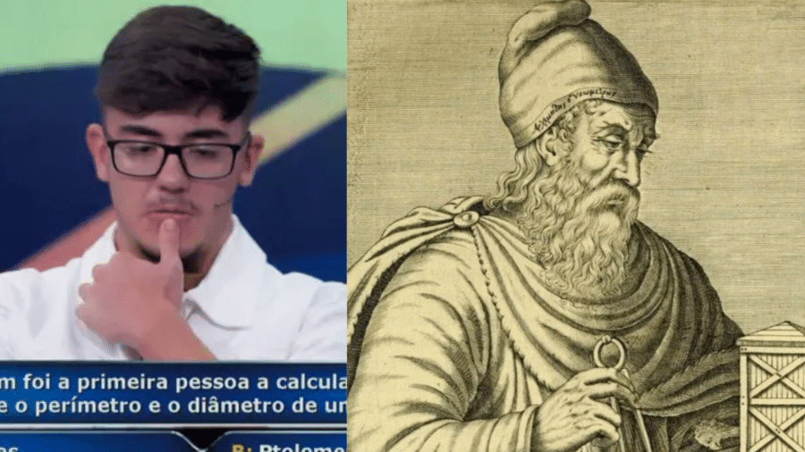 Lucas Campos, 19, desistiu de questão em quadro do "Domingão com Huck"; ao lado, retrato do matemático e filósofo Arquimedes (287 a.C. ? 212 a.C.) - Reprodução/ TV Globo