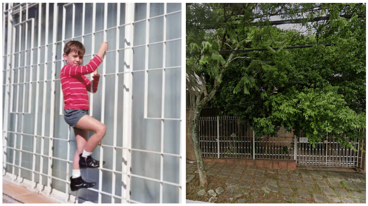 Ayrton gostava de escalar as grades da janela da casa na Condessa Siciliano; à direita, a fachada do imóvel atualmente