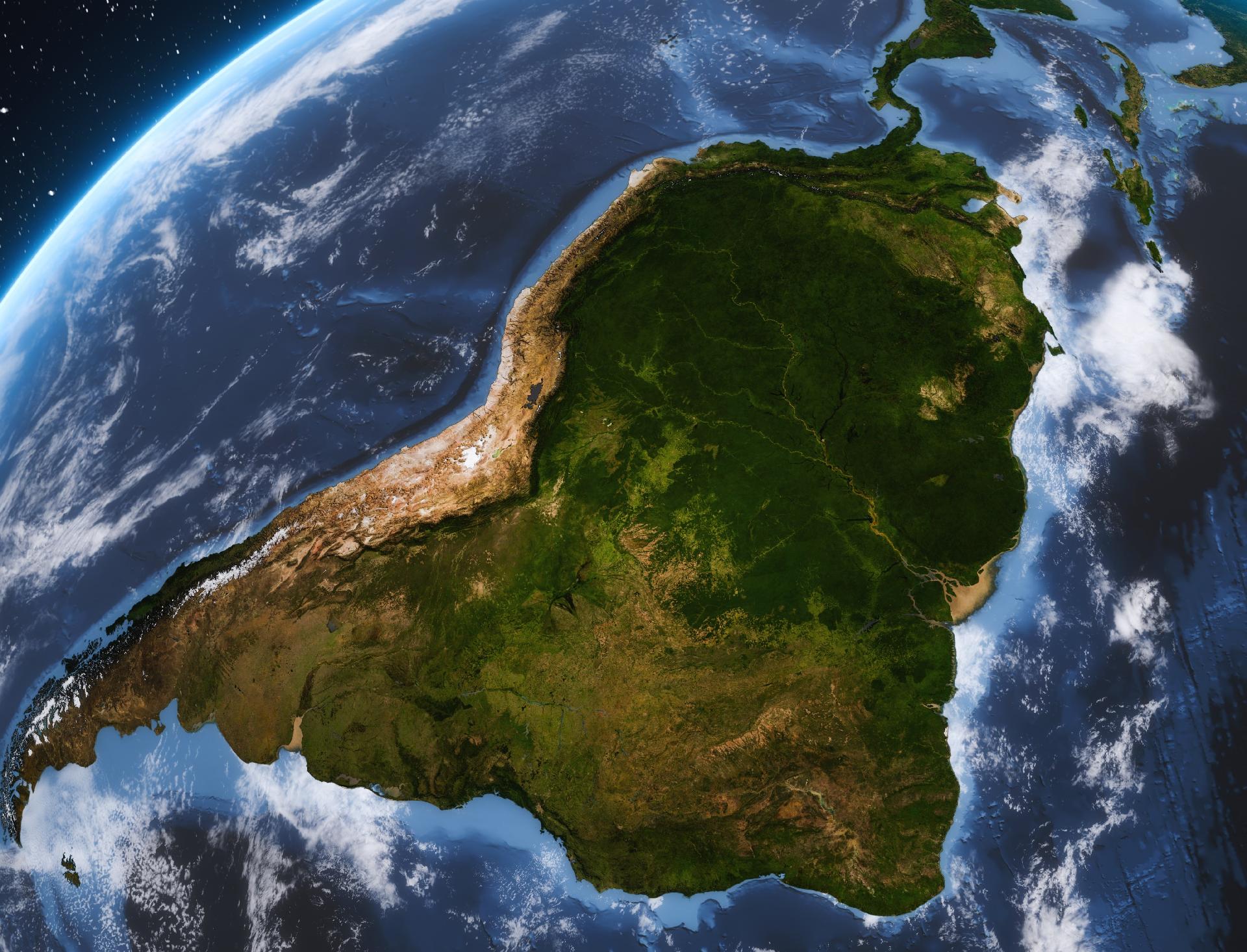 3D do planeta Terra destaca o continente sul-americano e a exuberante região amazônica - undefined
