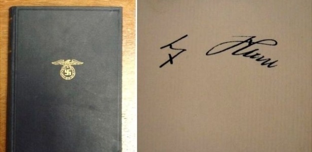 Livro "Minha Luta", de Adolf Hitler, com suástica na capa em relevo e assinatura do ditador - Silverwoods