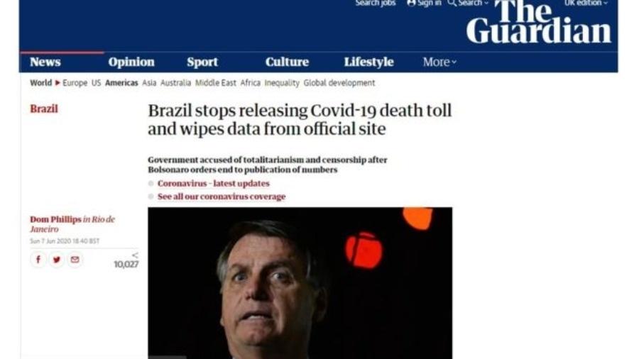Jornal britânico The Guardian disse que governo brasileiro foi acusado de `totalitarismo e censura` ao mudar metodologia de números de covid-19 - Reprodução/The Guardian