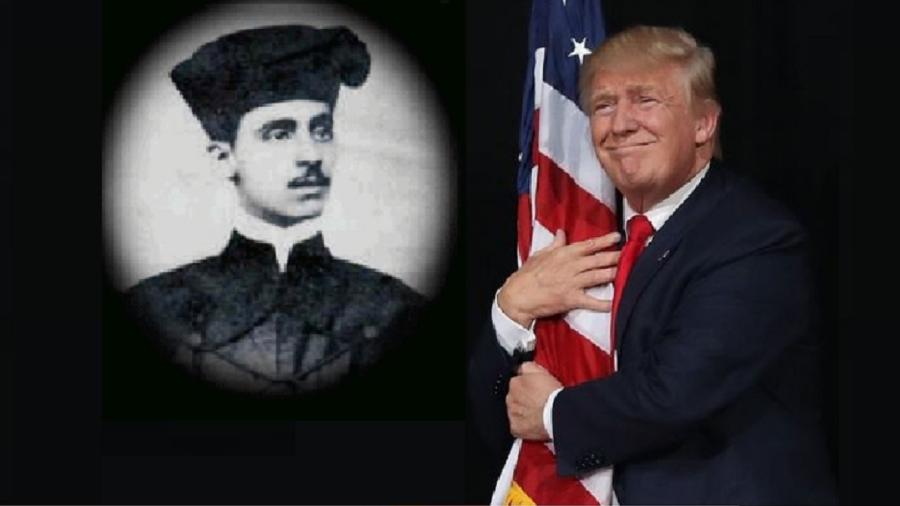 Lá do além, Augusto dos Anjos mira o destino de Donald Trump, o bufão, e lhe dá alguns conselhos - Montagem com imagem de Augusto dos Anjos sobre foto de Joe Raedle/Getty Images