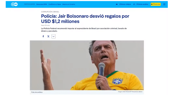 Imagem da notícia sobre o caso das joias no site do alemão Deutsche Welle