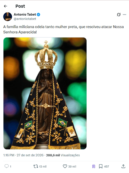 Postagem de Antonio Tabet sobre a polêmica envolvendo Nossa Senhora Aparecida