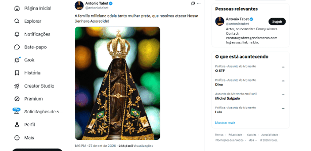 Antonio Tabet publica de novo crítica sobre Aparecida após decisão do TSE