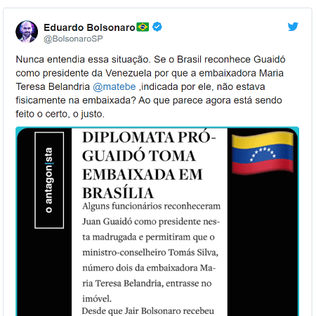 Tuíte de Eduardo Bolsonaro em apoio à invasão da embaixada da Venezuela - reprodução redes sociais