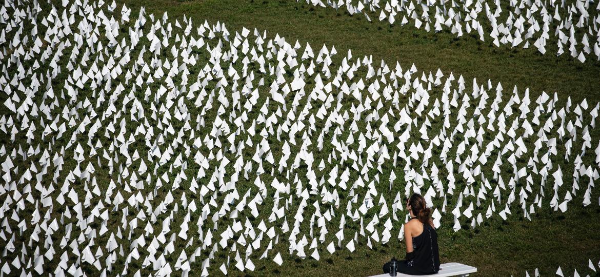 Instalação artística em Washington com mais de 650 mil bandeiras brancas lembra mortos pela covid nos EUA - Al Drago/Getty Images/AFP