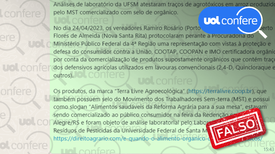 02.mai.2023 - As análises mostraram que não há resíduos detectáveis de agrotóxicos nas amostras de arroz da marca Terra Livre Agroecológica - Arte/UOL sobre Reprodução/Whatsapp