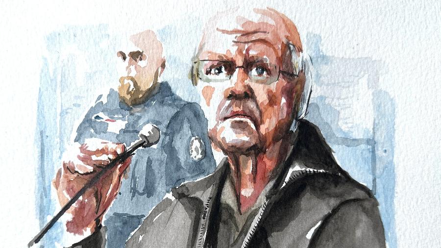 Ilustração de Joël Le Scouarnec no tribunal francês em 24 de fevereiro de 2025 Ilustração de Joël Le Scouarnec no tribunal francês em 24 de fevereiro de 2025