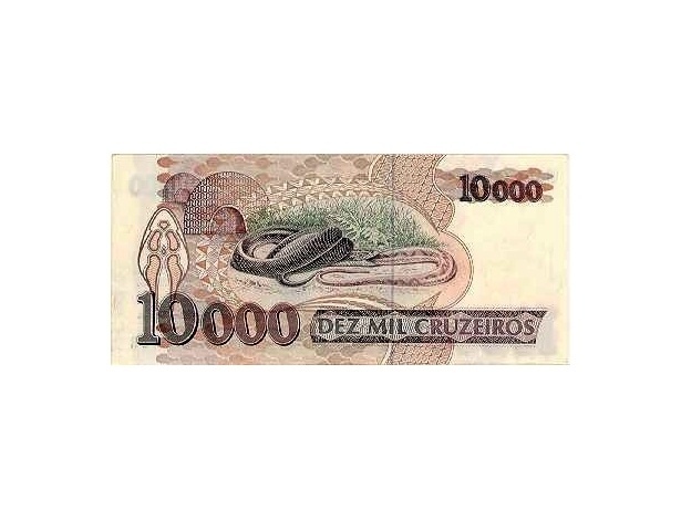 Brasil: A nota de 10 mil cruzeiros, que circulou entre 1991 e 1994, homenageava o médico Vital Brazil.O outro lado da cédula mostrava um antigo serpentário, com a cena de uma cobra muçurana devorando uma jararaca - Reprodução/Banco Central