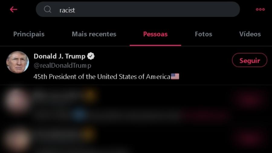 Perfil de Trump é 1º resultado ao se buscar "racista" em inglês no Twitter - reprodução/Twitter