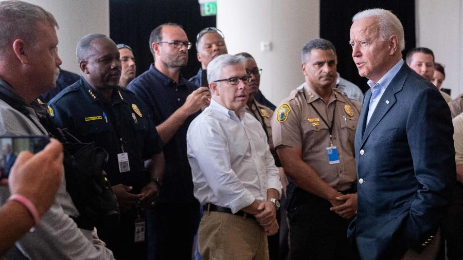 1 jul. 2021 - Joe Biden, presidente dos Estados Unidos, visita a Flórida, onde um prédio de 12 andares desabou - Saul Loeb/AFP