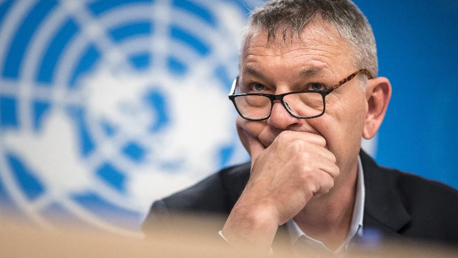 O Comissário Geral da UNRWA, Philippe Lazzarini, em coletiva de imprensa sobre a situação em Gaza nos escritórios das Nações Unidas em Genebra, em 30 de abril de 2024