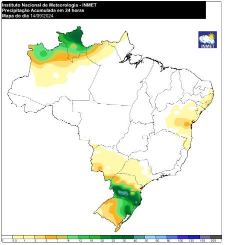 Mapa com o nível de chuva no Brasil nas últimas 24 horas 