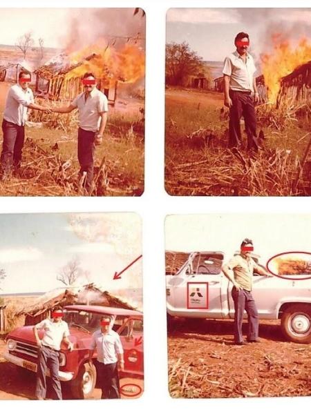 Funcionários de Itaipu posam em frente a casas guarani em chamas, em fotos que foram reveladas em 2017 na Comissão da Verdade - Reprodução - Reprodução