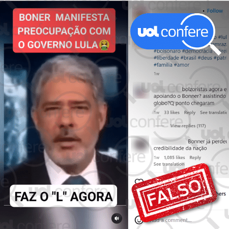 29.mai.2023 - Bonner se referia à ditadura de 64, não ao Governo Lula - Arte/UOL sobre Reprodução/Instagram