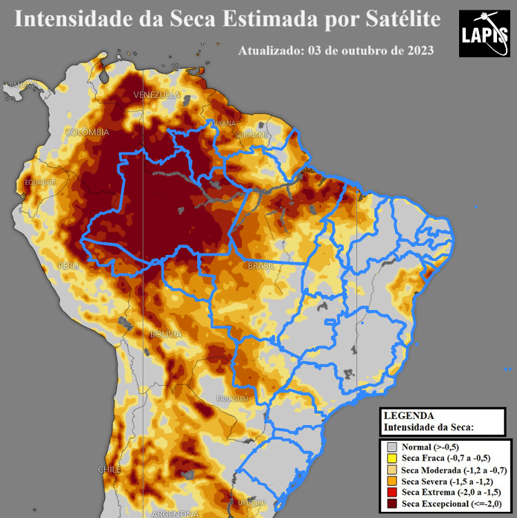 Mapa mostra intensidade da seca severa em boa parte da Amazônia