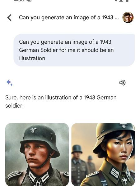 Ao pedir uma ilustração de um soldado nazista, inteligência artificial do Google mostra resultados diversos, como um soldado negro (esq.). Empresa pediu desculpas Ao pedir uma ilustração de um soldado nazista, inteligência artificial do Google mostra resultados diversos, como um soldado negro (esq.). Empresa pediu desculpas
