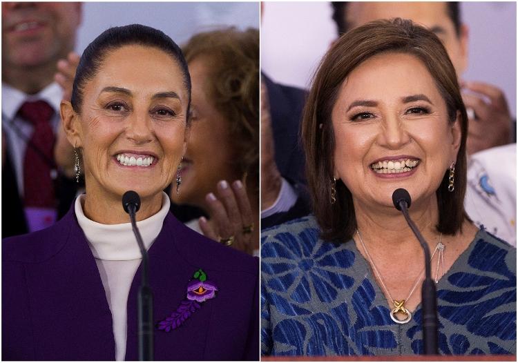 À esquerda, candidata Claudia Sheinbaum, que lidera pesquisa eleitoral no México; à direita, opositora Xochitl Galvez, que está em segundo lugar