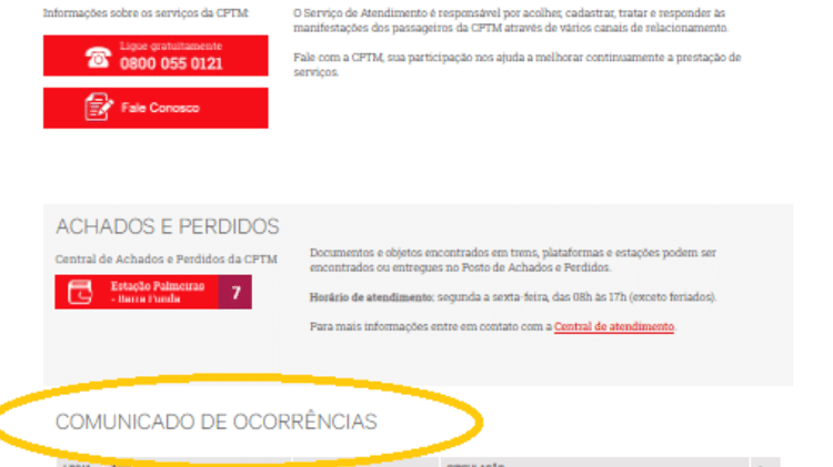 Nos casos em que o comunicado de ocorrências está disponível no site da CPTM, o documento estará na seção de atendimento ao cliente