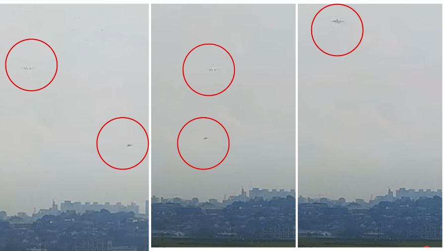 No vídeo, é possível ver o avião se aproximando do aeroporto, ao mesmo tempo em que o helicóptero cruza sua frente No vídeo, é possível ver o avião se aproximando do aeroporto, ao mesmo tempo em que o helicóptero cruza sua frente