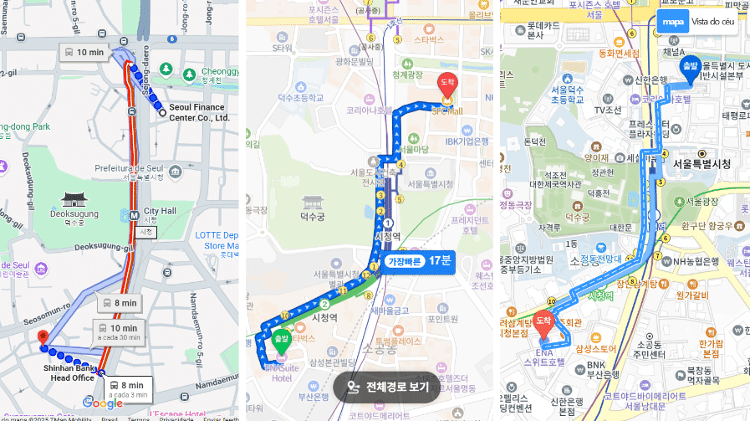 Interface do Google Maps, NaverMap e KakaoMap, respectivamente