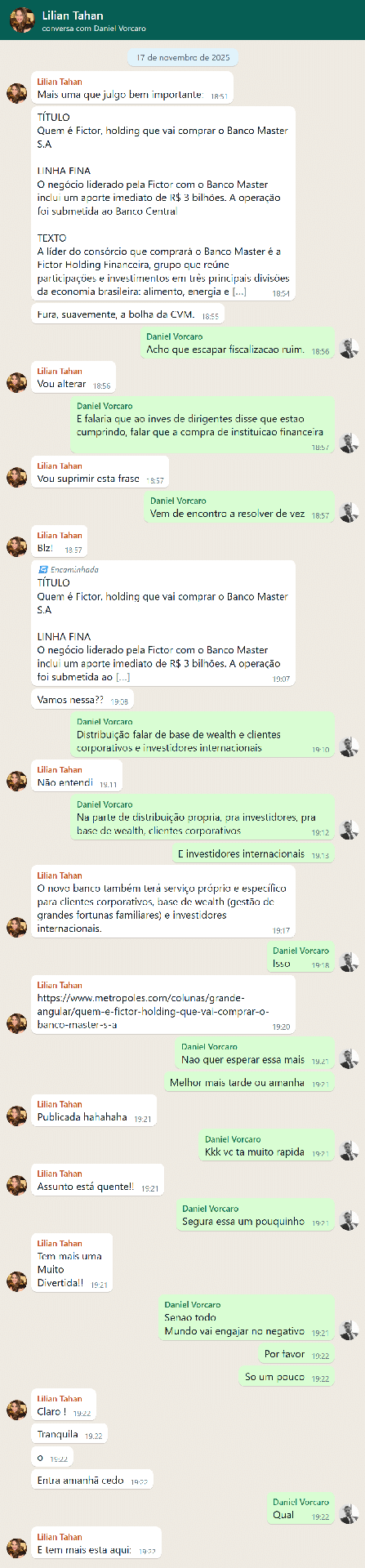Conversa entre Vorcaro e Lilian Tahan sobre matéria que noticiava possível compra do Master  - undefined