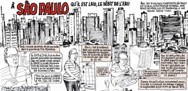 Reportagem sobre a crise hídrica em São Paulo, assinada pelo cartunista Riss, do jornal francês "Charlie Hebdo" - Reprodução
