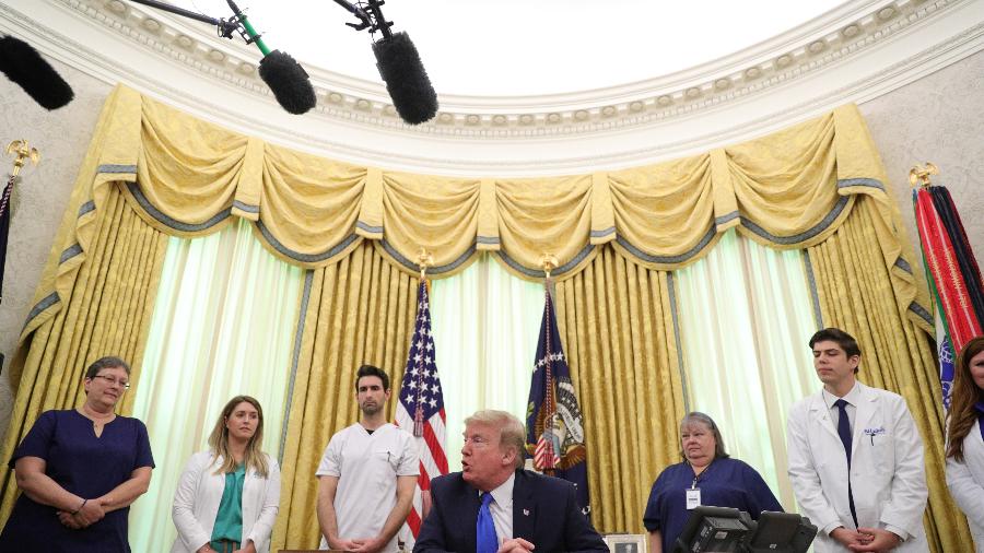 6.mai.2020 - O presidente Donald Trump durante homenagem pelo Dia Nacional dos Enfermeiros na Casa Branca  - Tom Brenner/Reuters