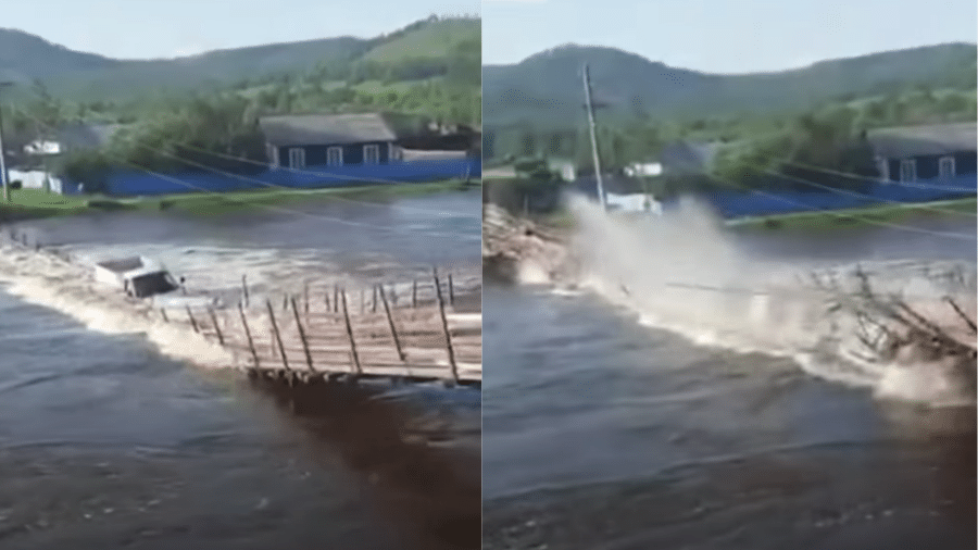 Ponte cedeu em meio a fortes chuvas na Rússia - Reprodução/Youtube