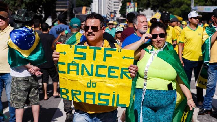 Bolsonarista segura cartaz atacando STF durante manifestação