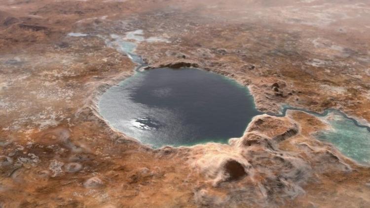 Illustration showing Jezero Crater as it would have looked billions of years ago if it were a lake - NASA / JPL-Caltech - NASA / JPL-Caltech
