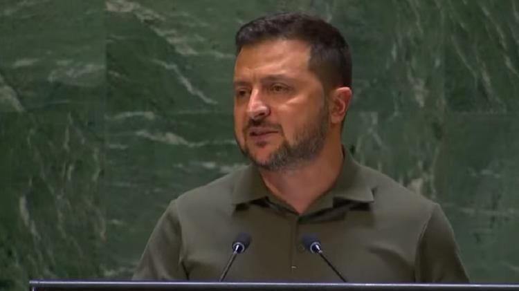 O presidente da Ucrânia, Volodymur Zelensky, em discurso na Assembleia-Geral da ONU