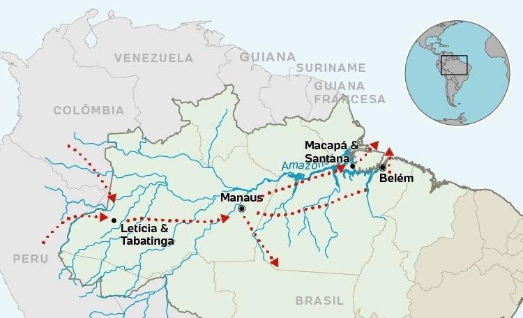 Mapa da rota da movimentação da cocaína pela Amazônia Mapa da rota da movimentação da cocaína pela Amazônia