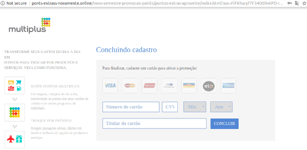 Usuário precisa colocar cartão de crédito em página falsa do Multiplus - Reprodução - Reprodução