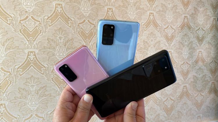 Novos celulares Galaxy S20 (azul e rosa) e o Galaxy S20 Ultra (preto)  - Gabriel Francisco Ribeiro/Tilt - Gabriel Francisco Ribeiro/Tilt
