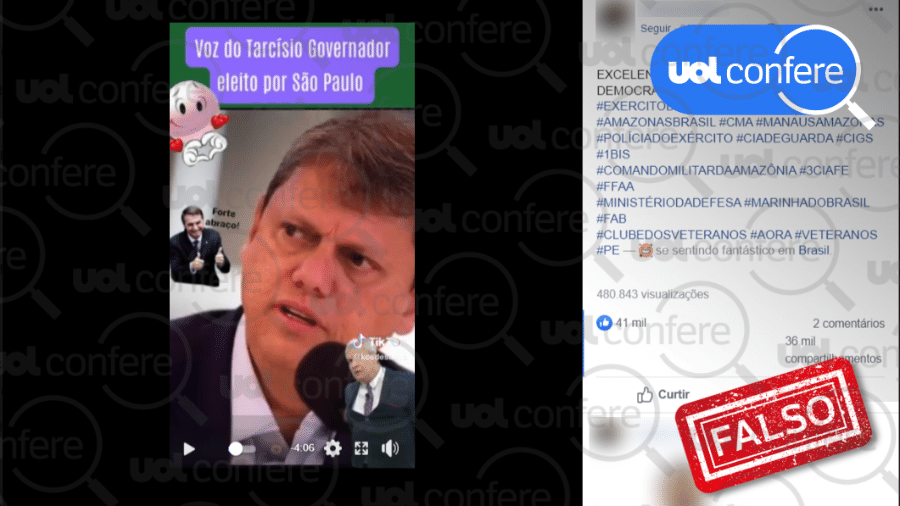 30.nov.2022 - Não é a voz de Tarcísio em áudio que convoca para manifestações golpistas em quartéis - Arte/UOL sobre Reprodução Facebook