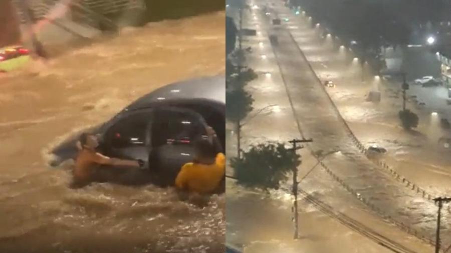 Imagens divulgadas nas redes sociais mostram inundações na avenida Cristiano Machado (à esquerda) e na avenida Bernardo Vasconcelos (à direita) - Redes sociais/Reprodução de vídeo