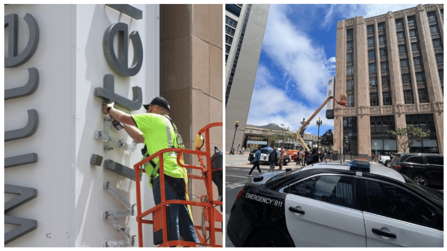 As letras do nome Twitter estavam sendo retiradas da placa quando a polícia chegou à sede da empresa