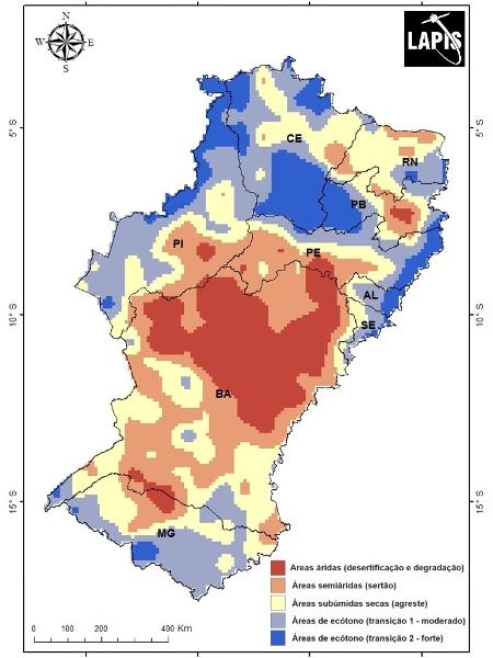Mapa que aponta áreas com avanço de aridez no Nordeste e norte de Minas