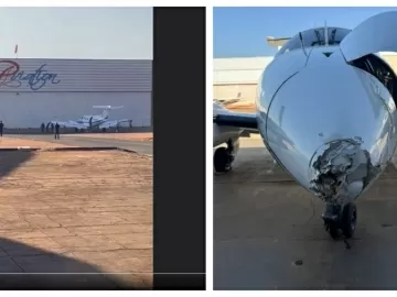 Avião se desprende, anda com mecânico dentro e bate em hangar em GO; veja